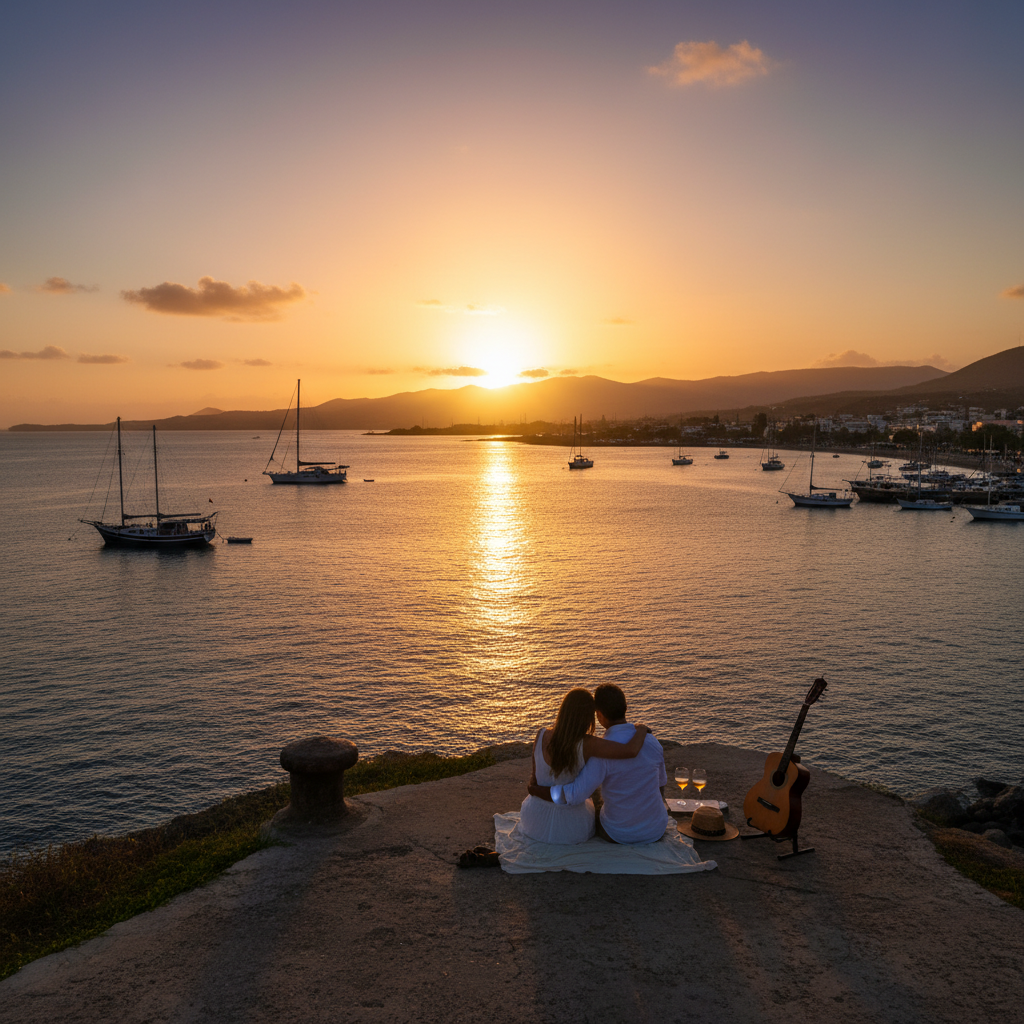 Couple watching sunset Mindelo Cape Verde harbor romantic evening morna
