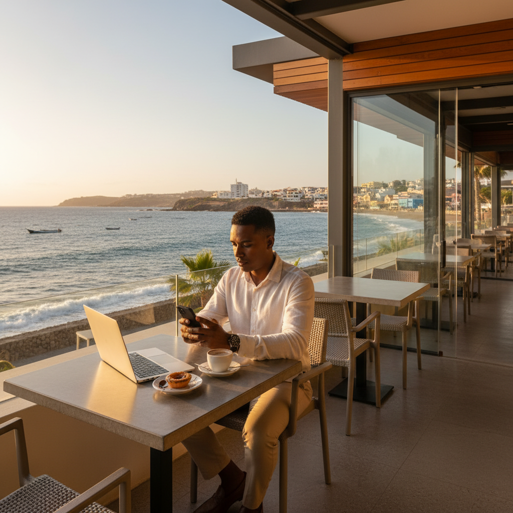 Young Cape Verdean professional smartphone Praia modern cafe Atlantic