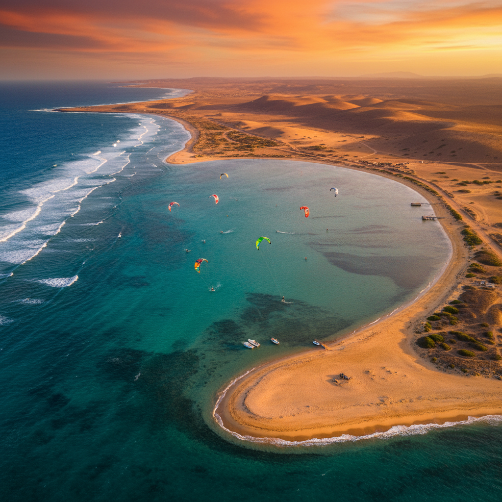 Cape Verde Sal Island beach turquoise lagoon kite surfing aerial Atlantic