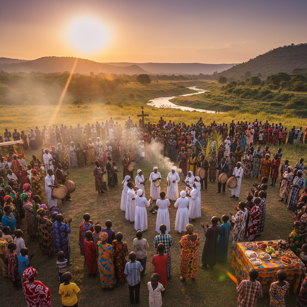 Central African Republic community event, religious celebration, people interacting, festive