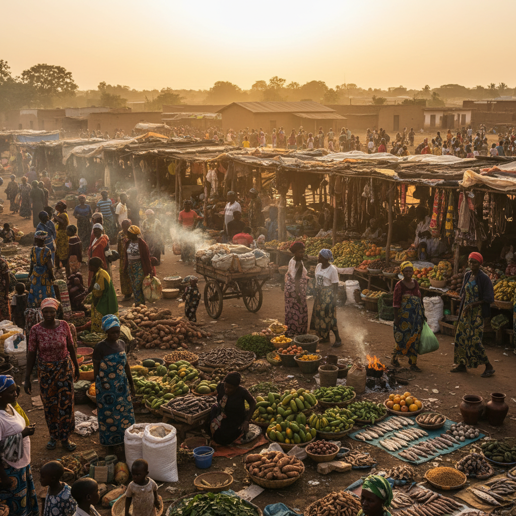 Central African Republic local market scene, diverse people, goods for sale, busy, authentic
