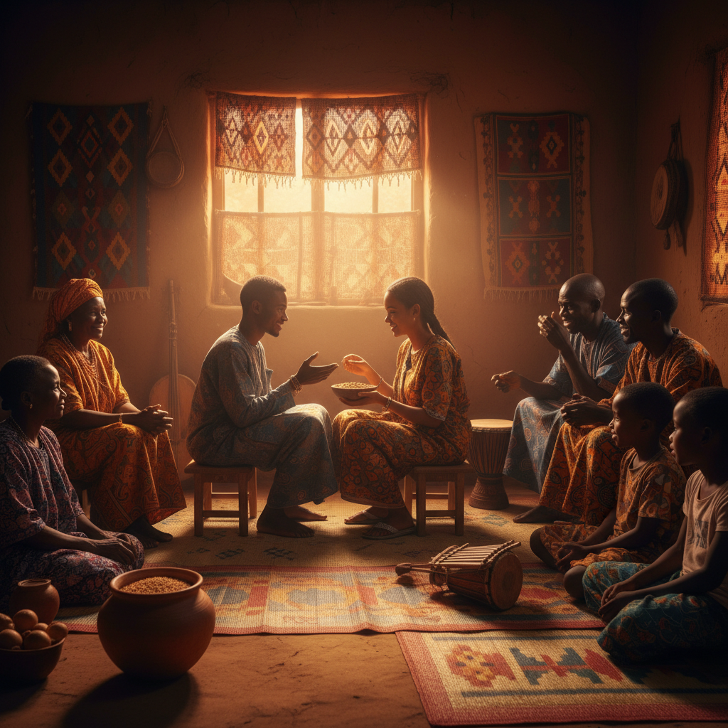 Central African Republic traditional courtship, family involvement, subtle interaction, indoor