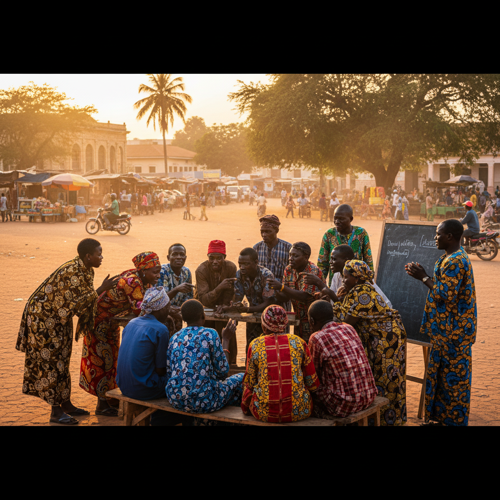 Central African Republic political discussion group, public space, engaged faces, daytime