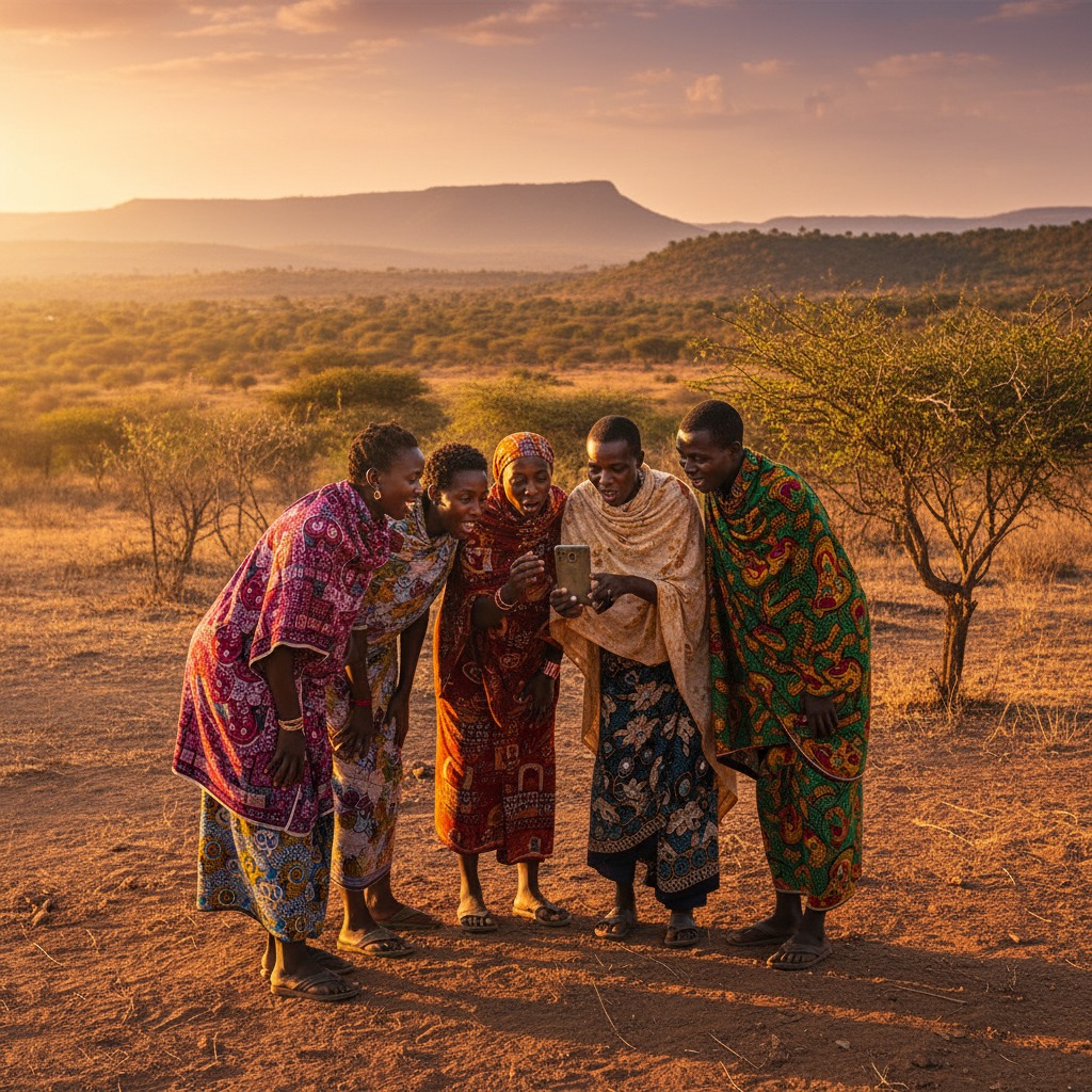Central African Republic group sharing news on phone, close up, authentic, daytime