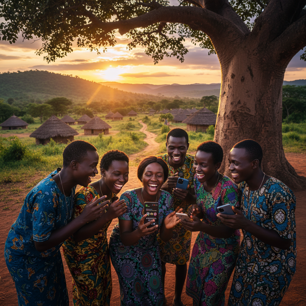 Central African Republic people sharing music clips on WhatsApp status, close up, smiling