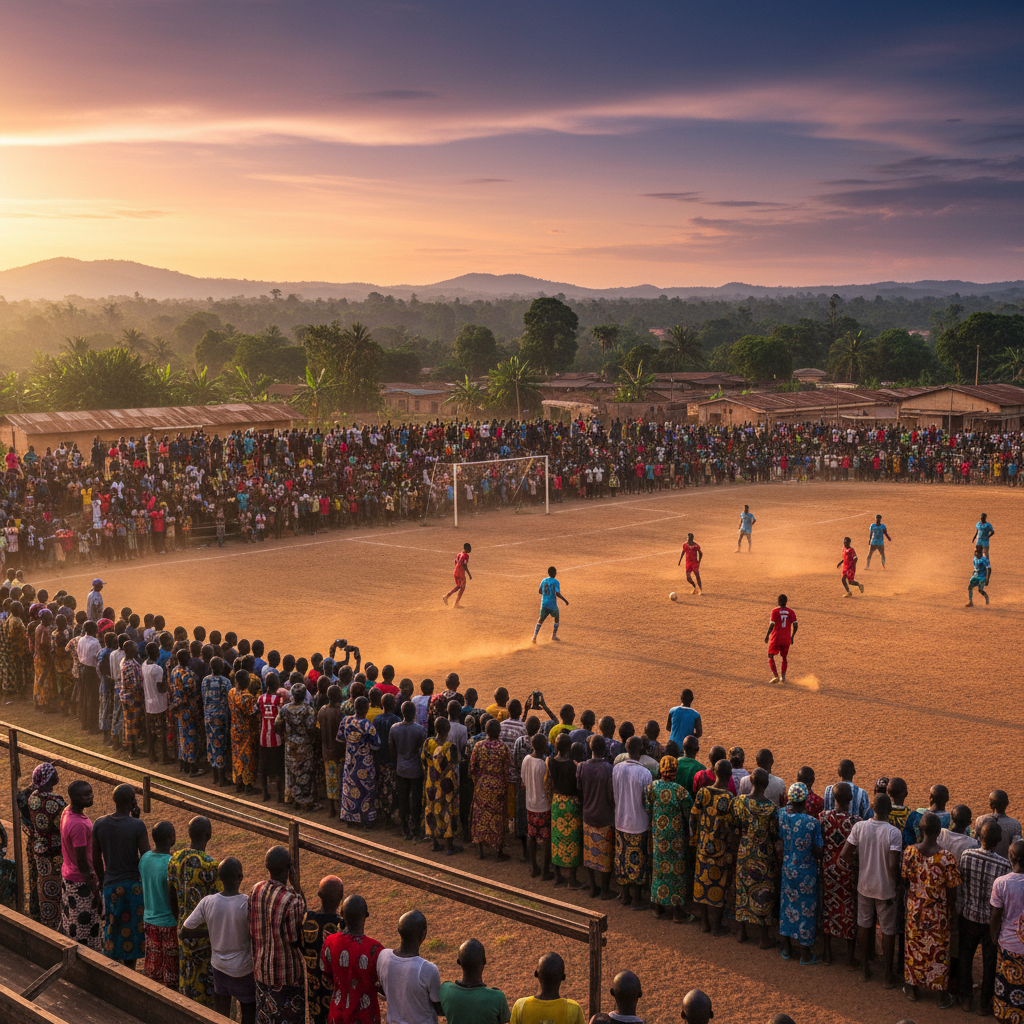 Central African Republic football match, crowd watching, stadium, action, sunny day