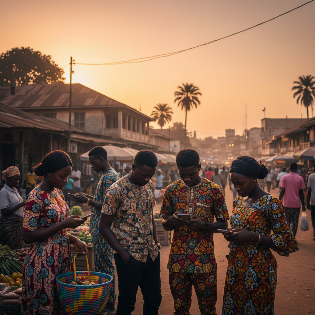Central African Republic young adults discreetly using smartphones, urban setting, subtle
