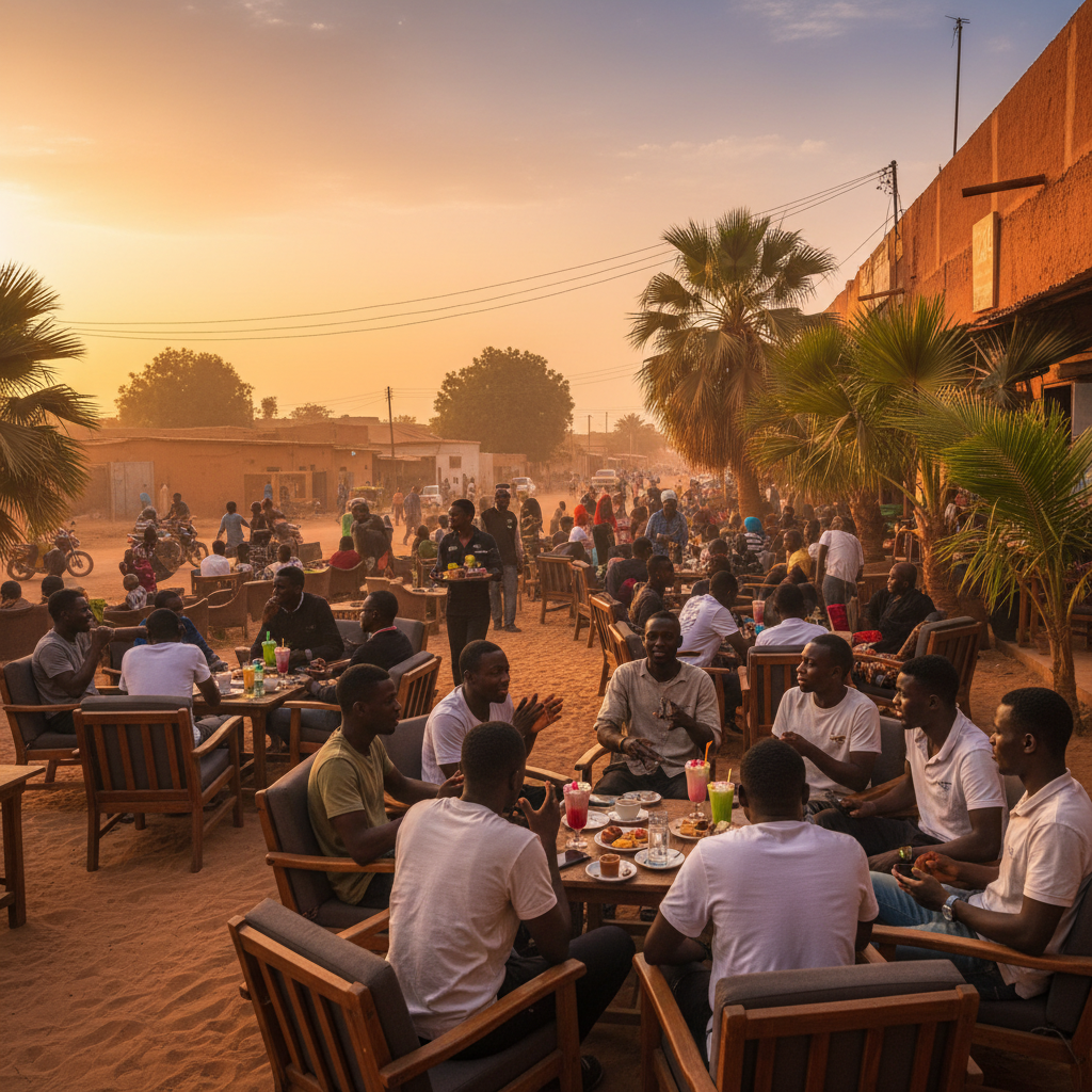 busy cafe in N'Djamena with young adults chatting, Chad, horizontal