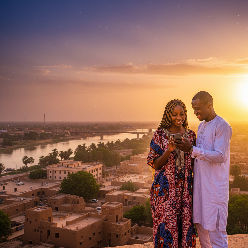 couple looking at a smartphone together, N'Djamena, Chad, horizontal