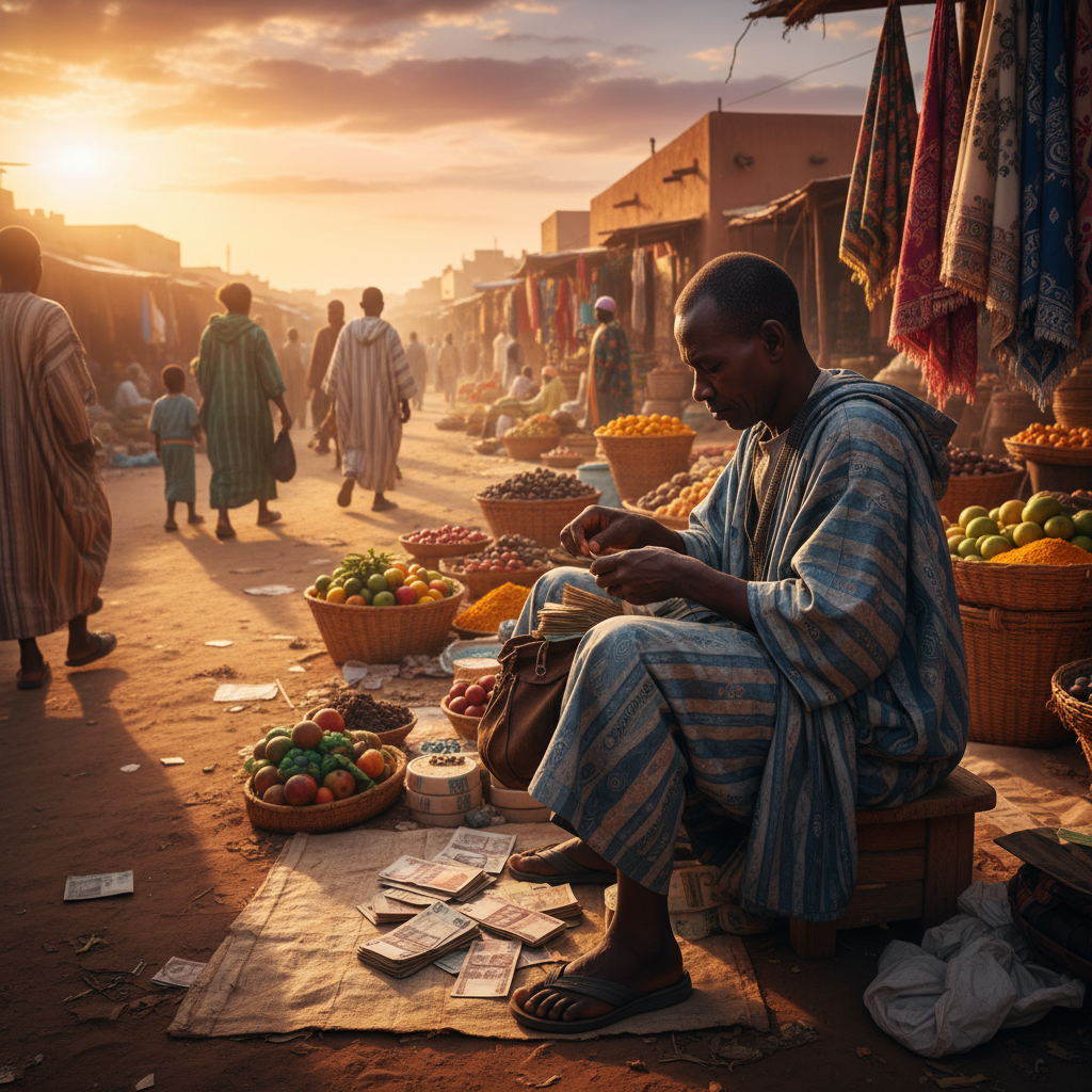 street vendor counting money in Chad, horizontal