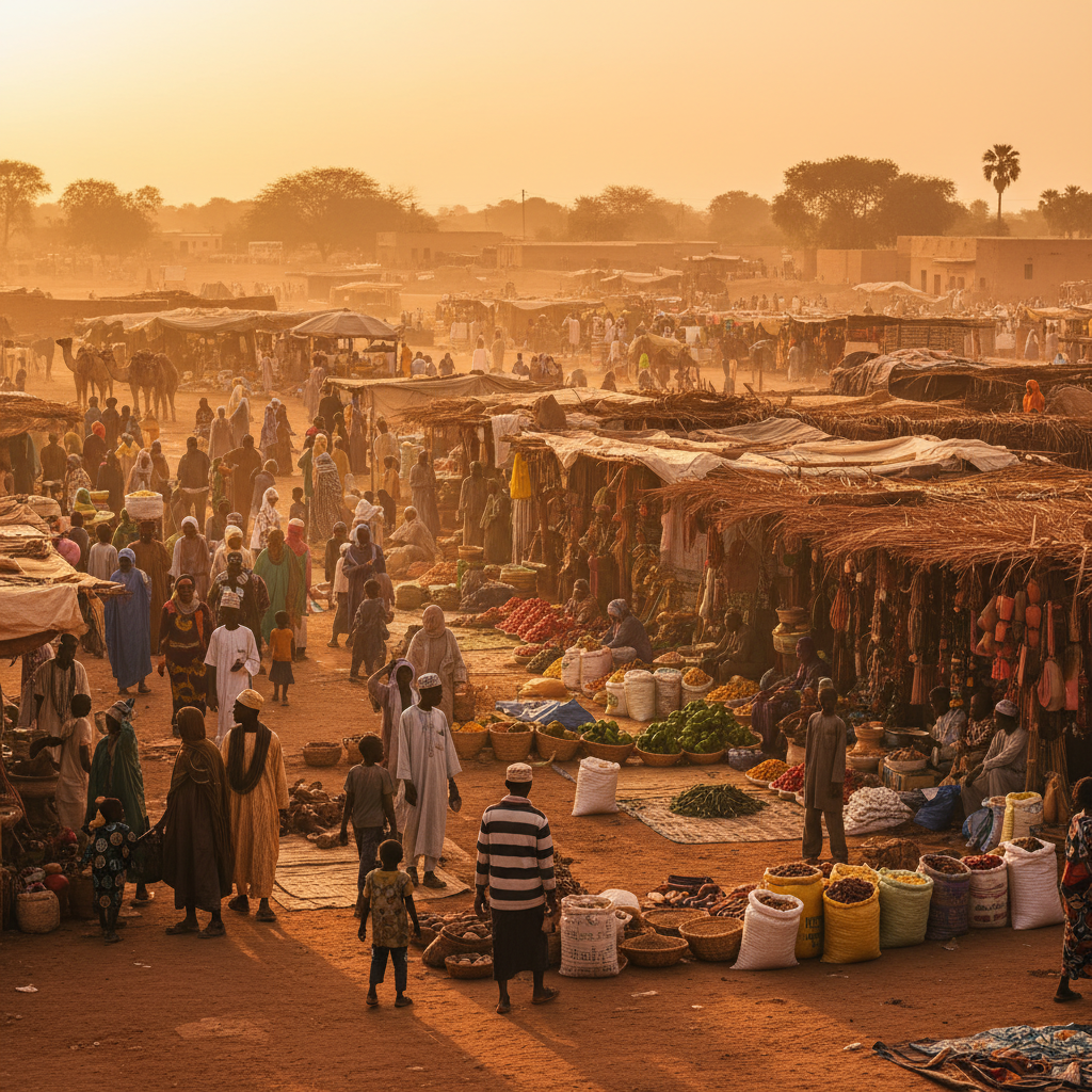 local market scene in Chad, people selling goods, horizontal