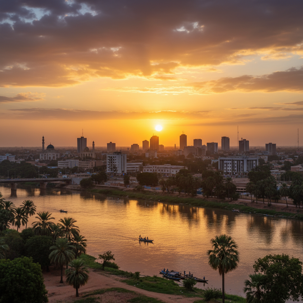 romantic evening view of N'Djamena skyline, Chad, horizontal