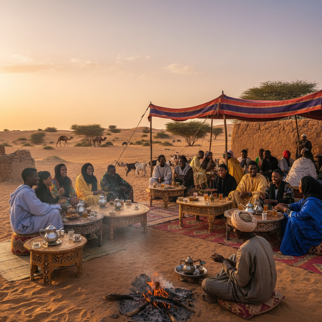 young Chadian adults at an outdoor tea house, horizontal