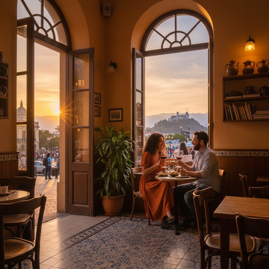 Couple on a casual date at a cafe in Chile, horizontal