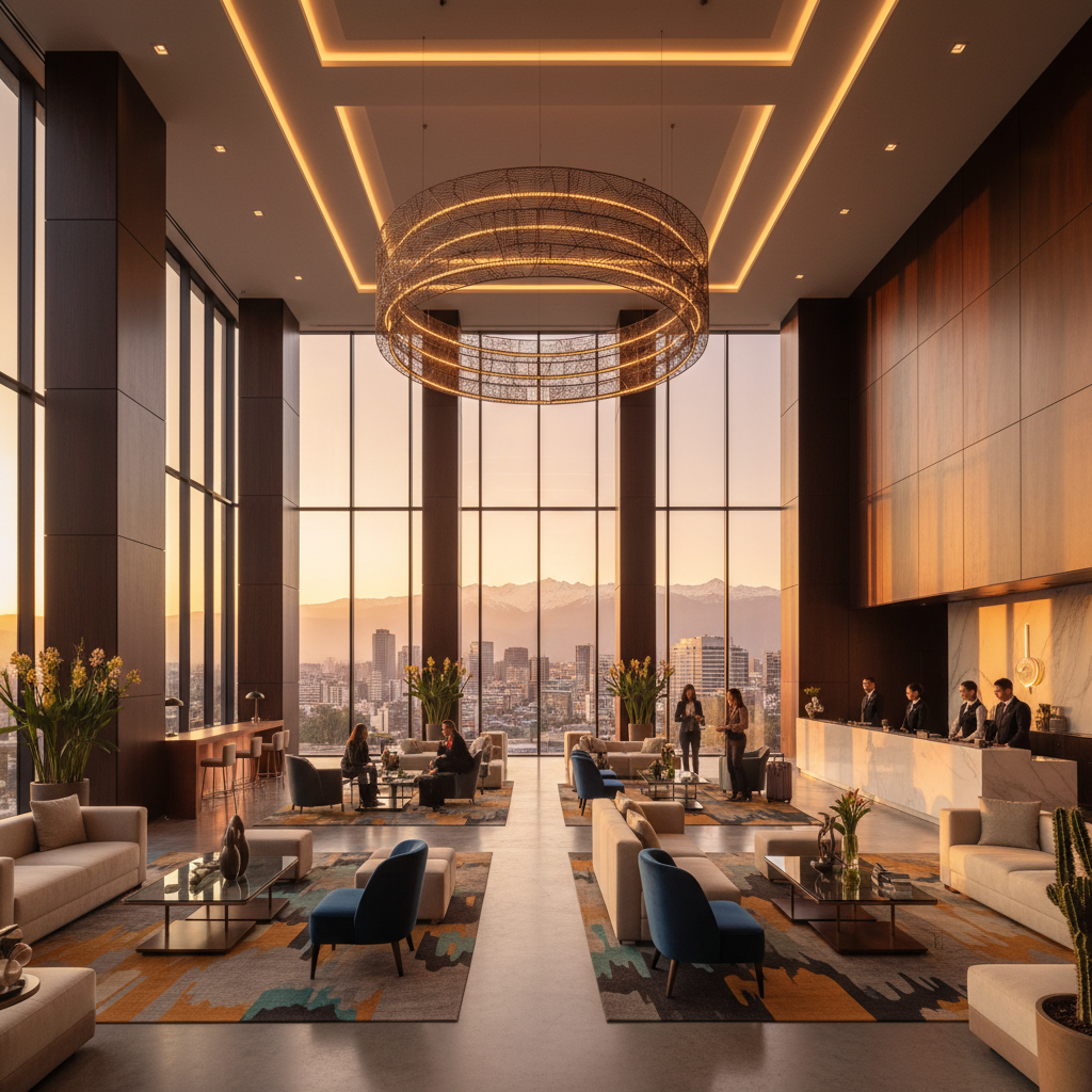 Stylish boutique hotel lobby in a Chilean city, horizontal