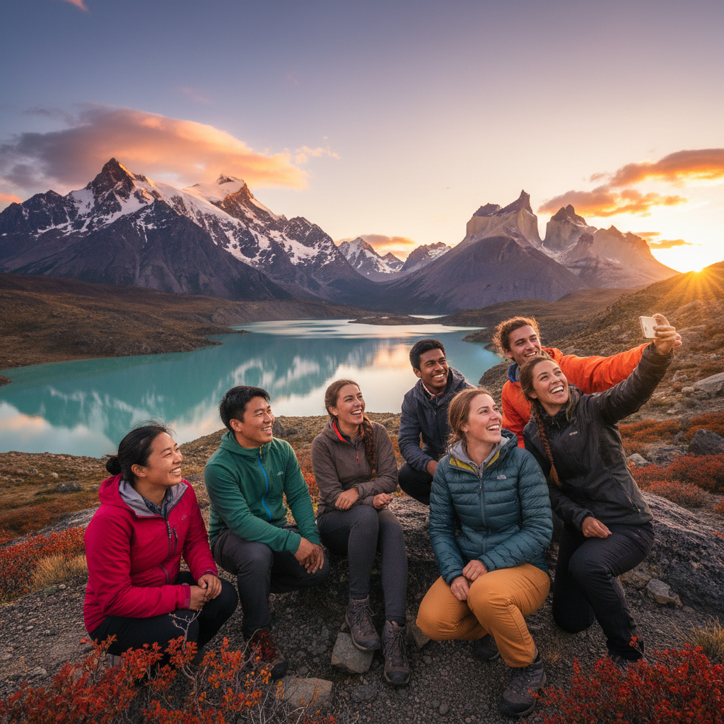 Group of diverse young adults smiling and interacting in Chile, horizontal