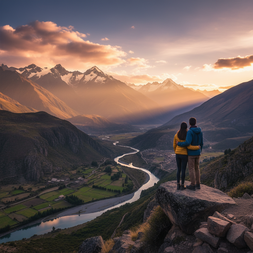 Romantic view of the Andes mountains from a Chilean city at sunset, horizontal