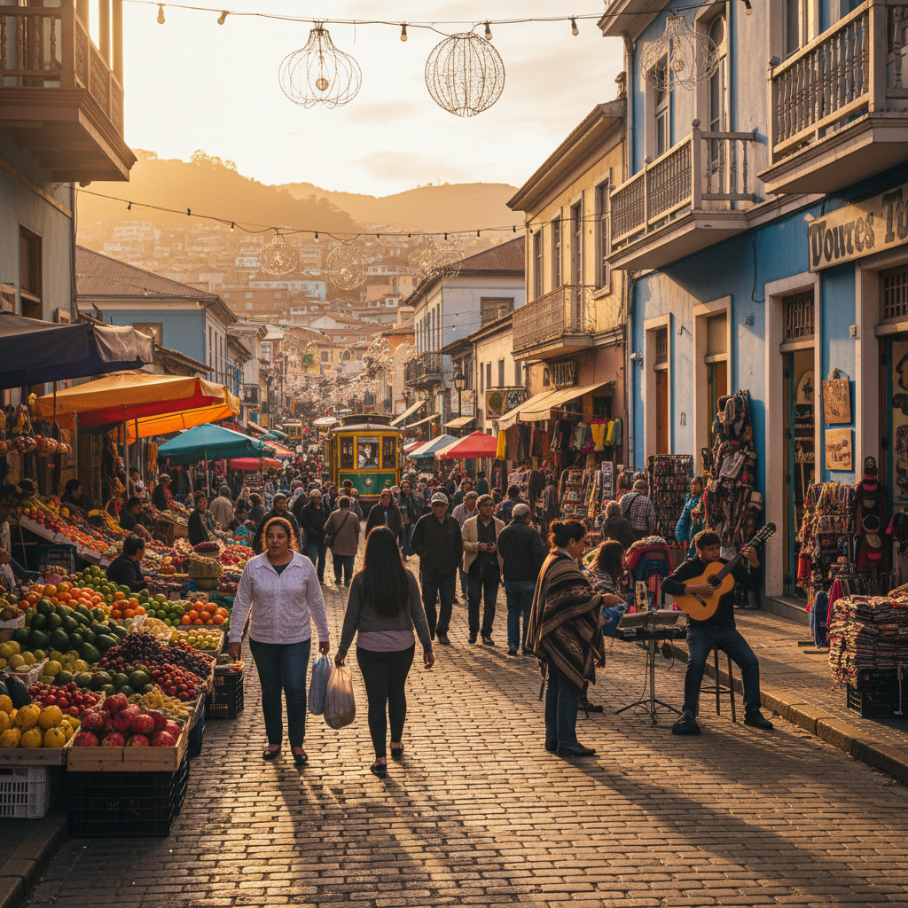 Bustling shopping street with local and international brands in Chile, horizontal