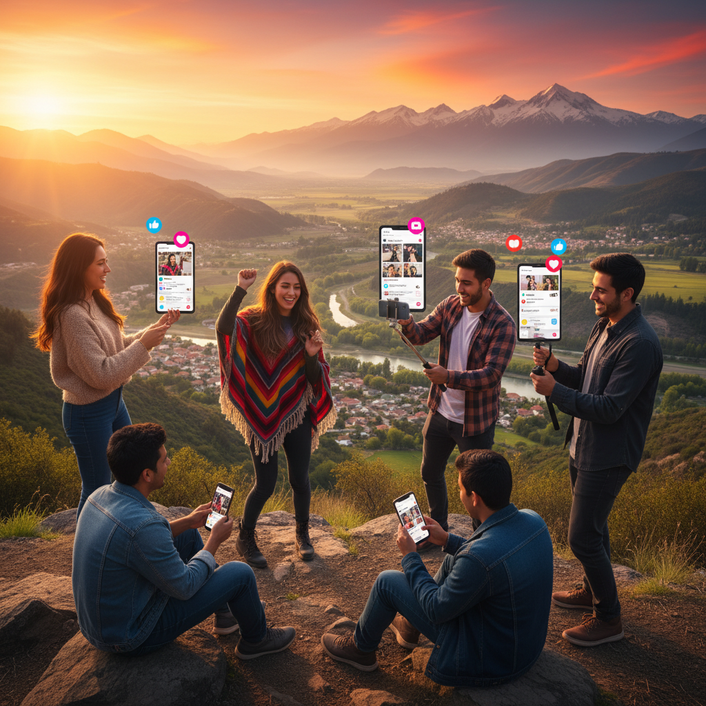Young adults using smartphones outdoors in a park in Chile, horizontal