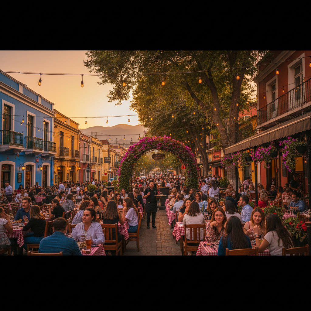 Popular restaurant interior with young people socializing in Chile, horizontal