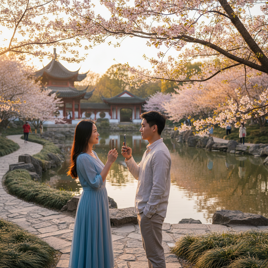 young couple looking at each other while holding phones in a park in China, dating concept, horizontal