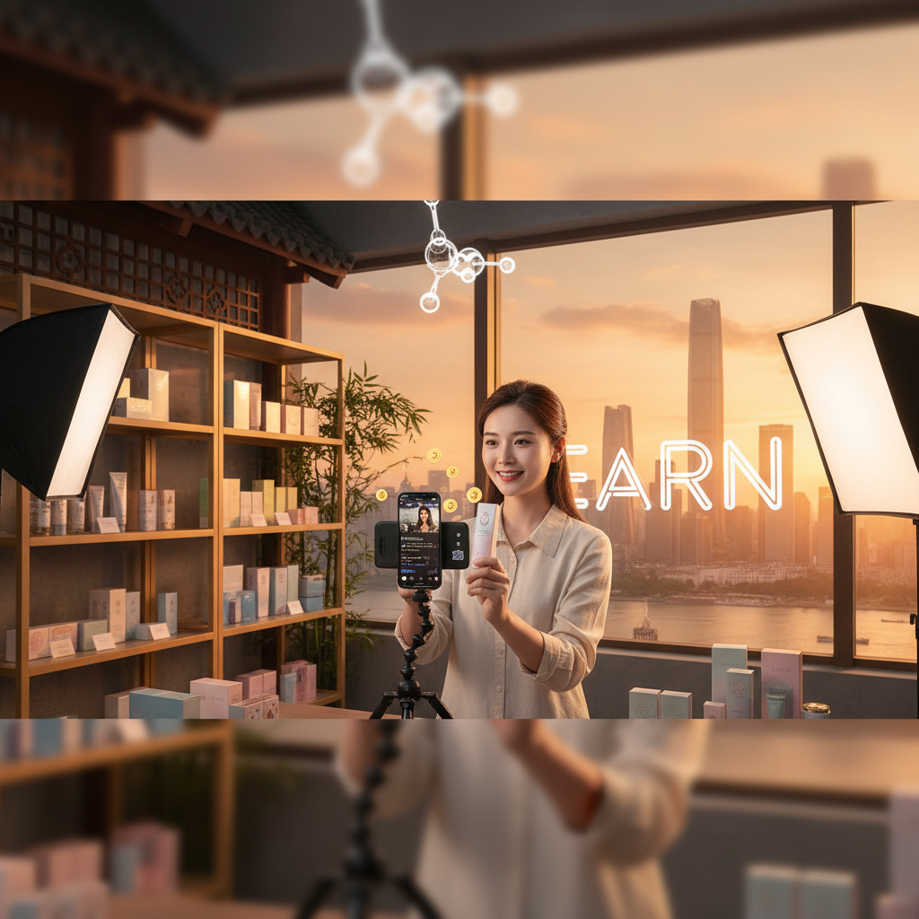 person demonstrating a product via live stream on a phone in a studio in China, earning concept, horizontal