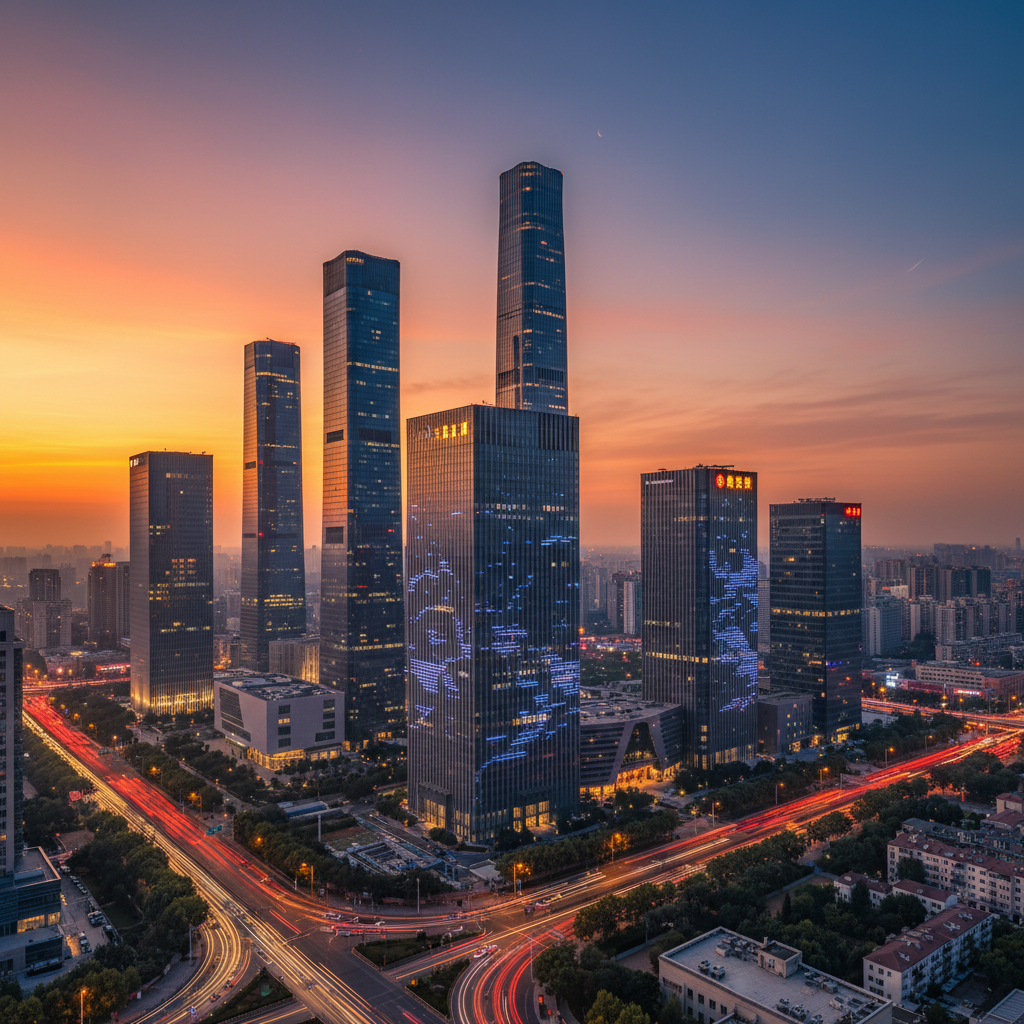modern office buildings in Beijing skyline at dusk, symbolizing economy, horizontal