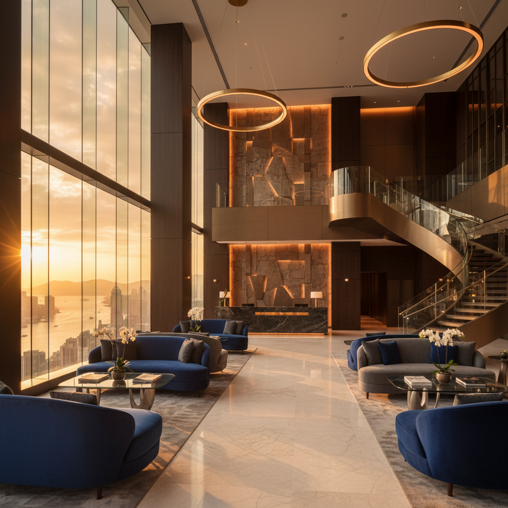 luxury hotel lobby in Hong Kong, sleek design, horizontal