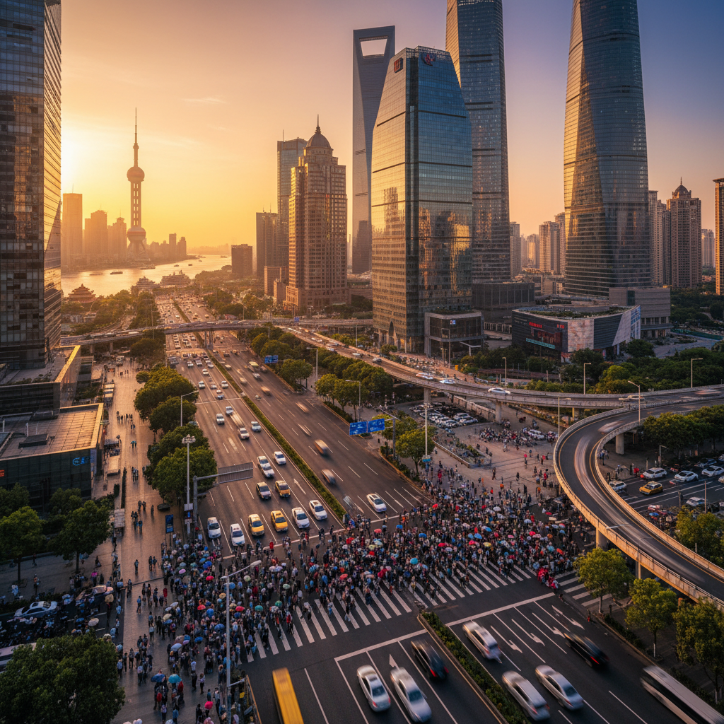 overview of busy street in Shanghai with modern architecture and people walking, daytime, wide angle, horizontal