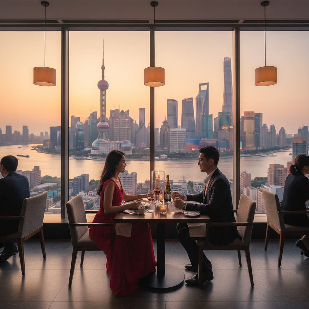 couple enjoying a romantic dinner in a modern restaurant in Shanghai, horizontal