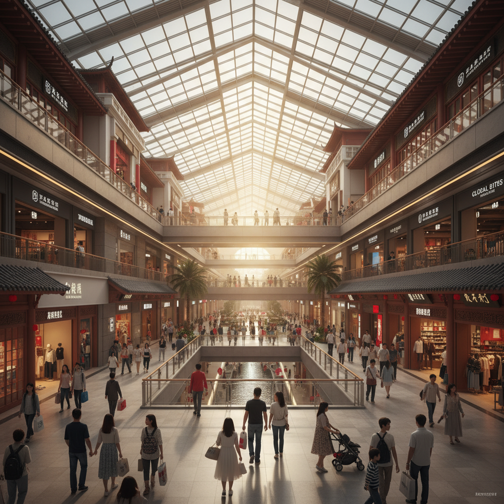 bustling shopping mall in Guangzhou with diverse stores and shoppers, horizontal