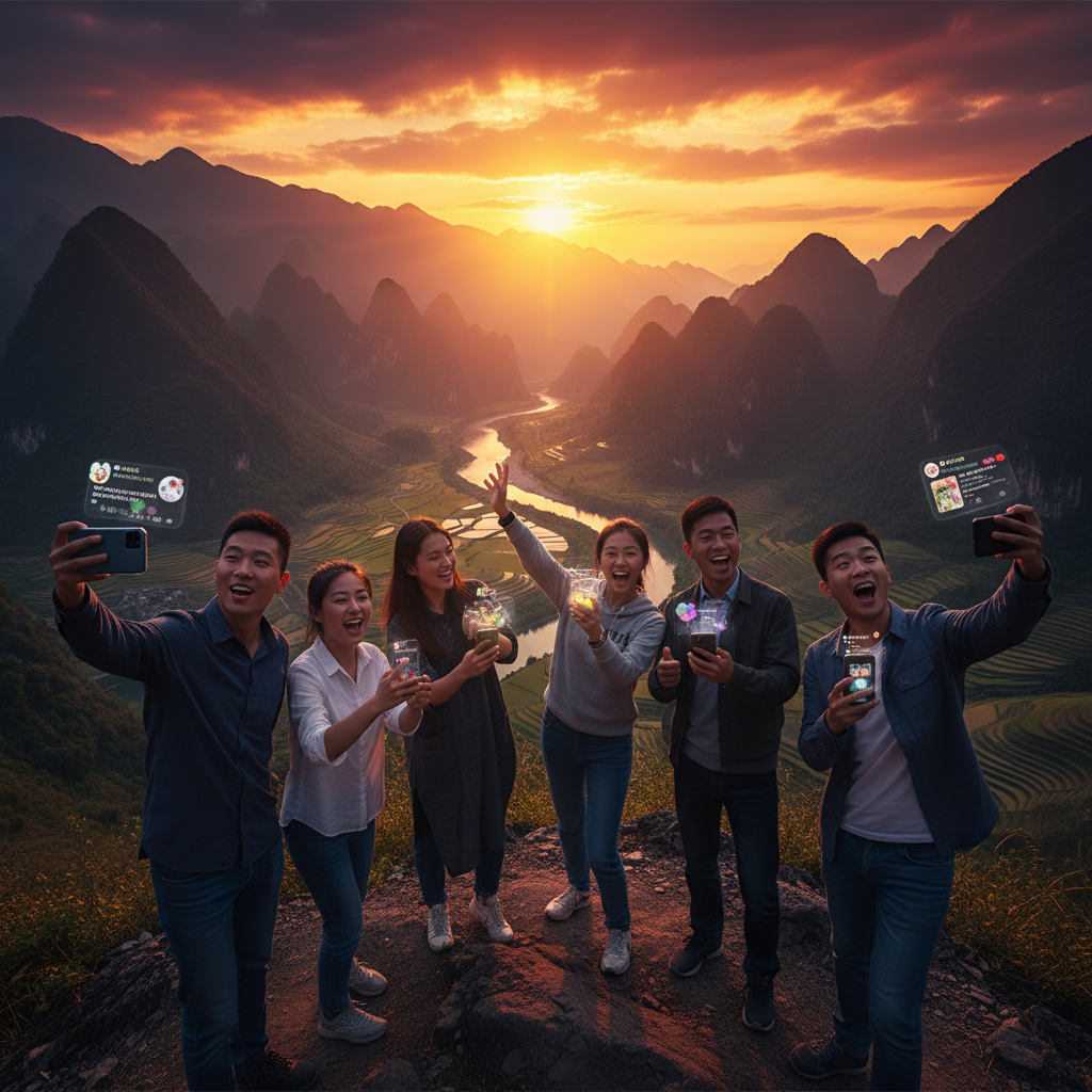 group of young Chinese adults actively engaged with smartphones, showing social media trends, horizontal