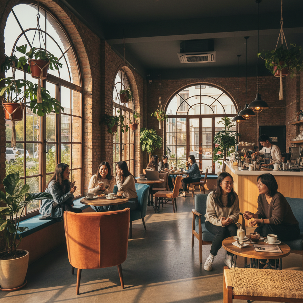 stylish cafe interior in Chengdu with patrons interacting, informal meeting spot, horizontal