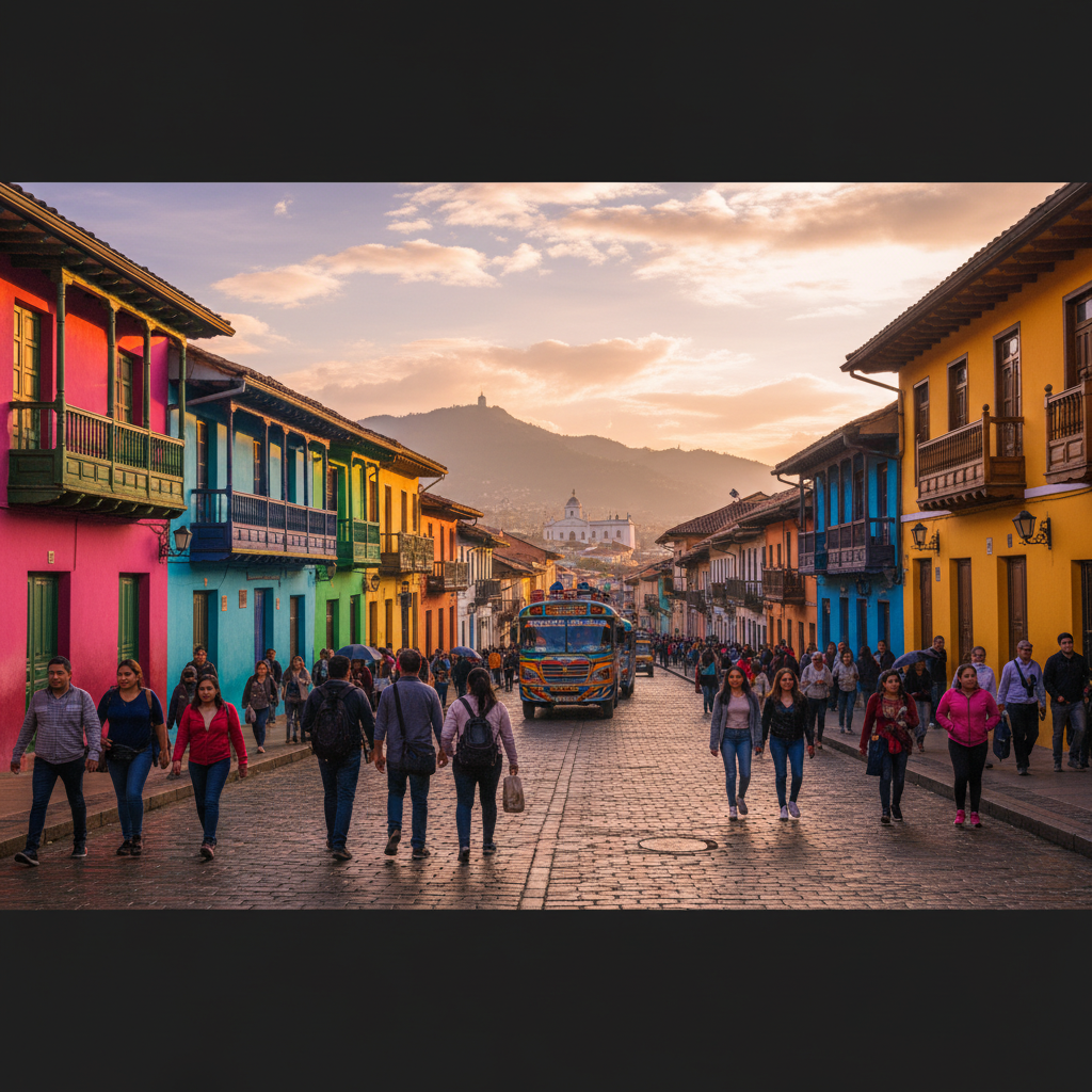 Bustling city streets in Colombia, modern architecture, busy sidewalks, horizontal photo