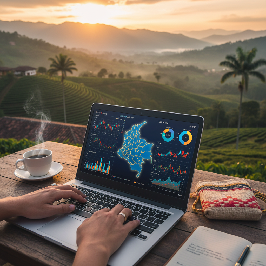 Young professional working on a laptop in a Colombian cafe, focus on earning potential, horizontal photo