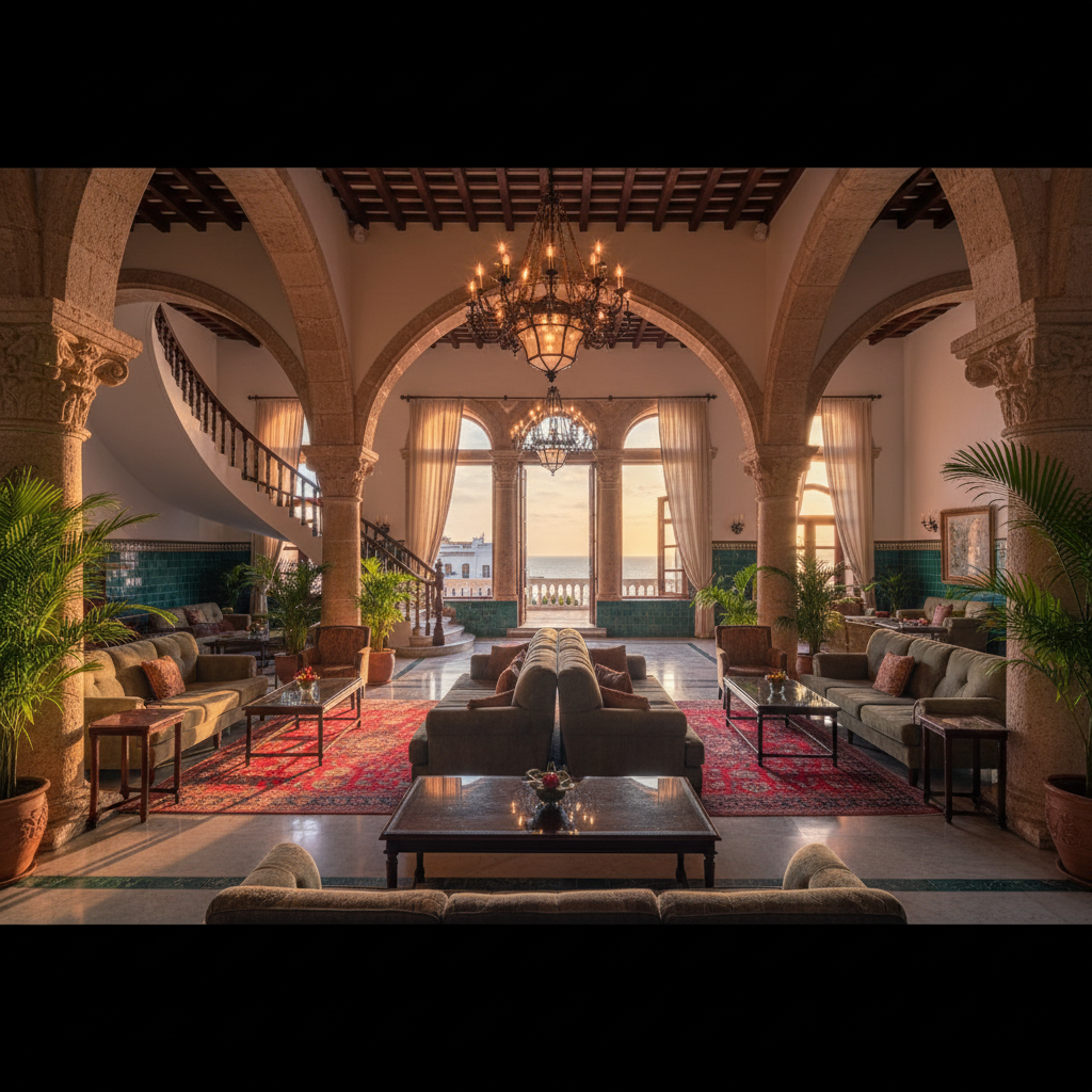 Modern hotel lobby in Colombia, business travelers, comfortable seating, horizontal photo