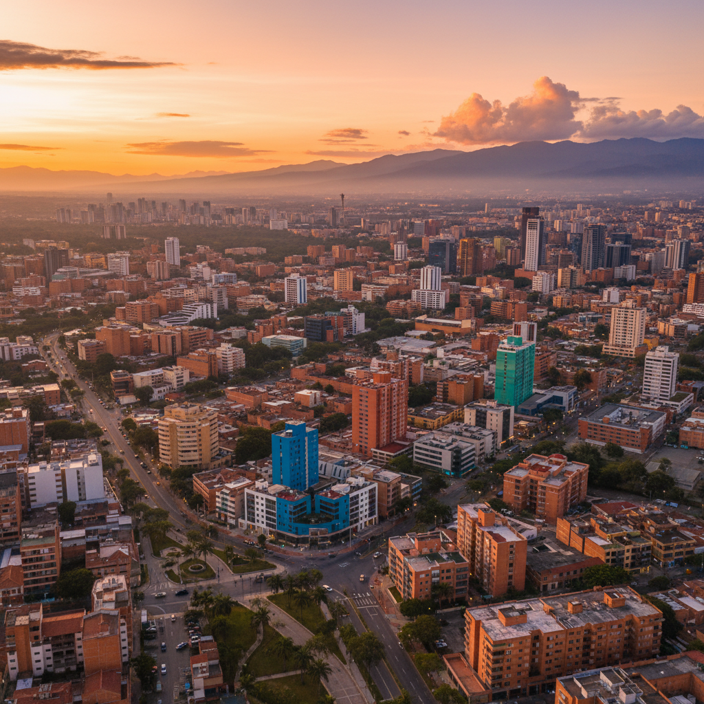 Overview of Colombian social life, vibrant street scenes, people interacting, horizontal photo