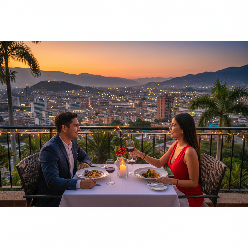 Romantic couple walking hand-in-hand in a scenic Colombian park, horizontal photo