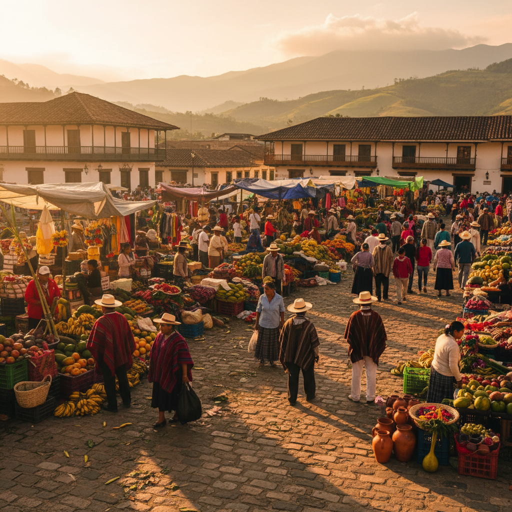 People shopping in a vibrant Colombian market, colorful stalls, diverse goods, horizontal photo