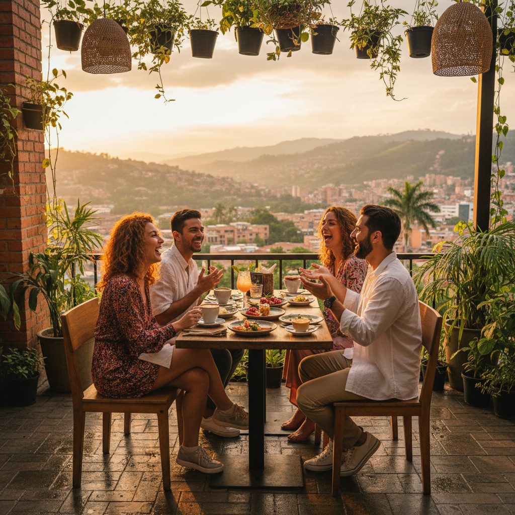 Popular cafe or bar in Colombia, young adults socializing, lively atmosphere, horizontal photo
