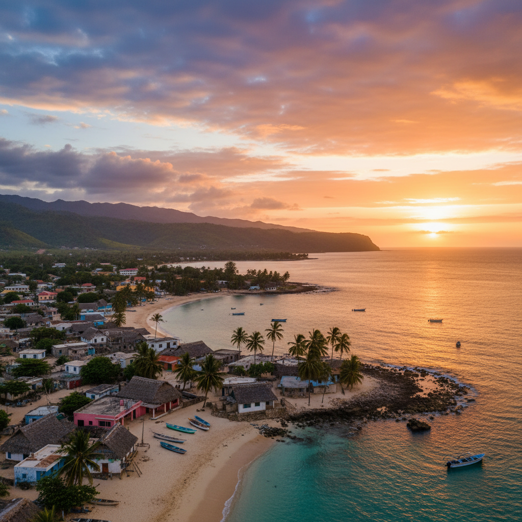 Coastal town in Mohéli, Comoros, with traditional houses, horizontal