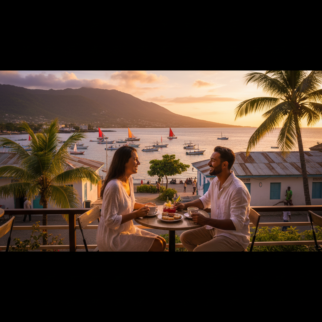 Couple meeting at a cafe in Moroni, Comoros, horizontal