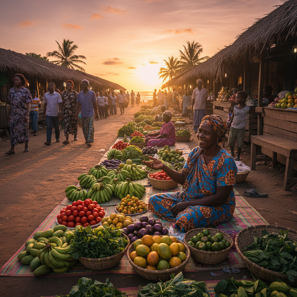 Comorian woman selling produce at a market, horizontal
