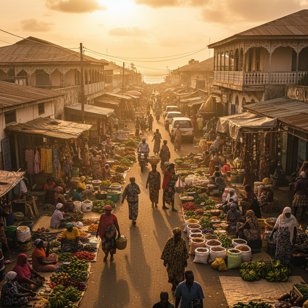 Busy market street in Moroni, Comoros, showcasing local commerce, horizontal