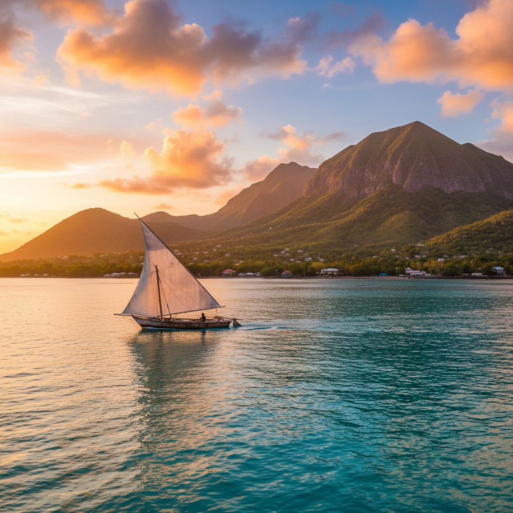 Traditional dhow boat sailing near Anjouan island, horizontal