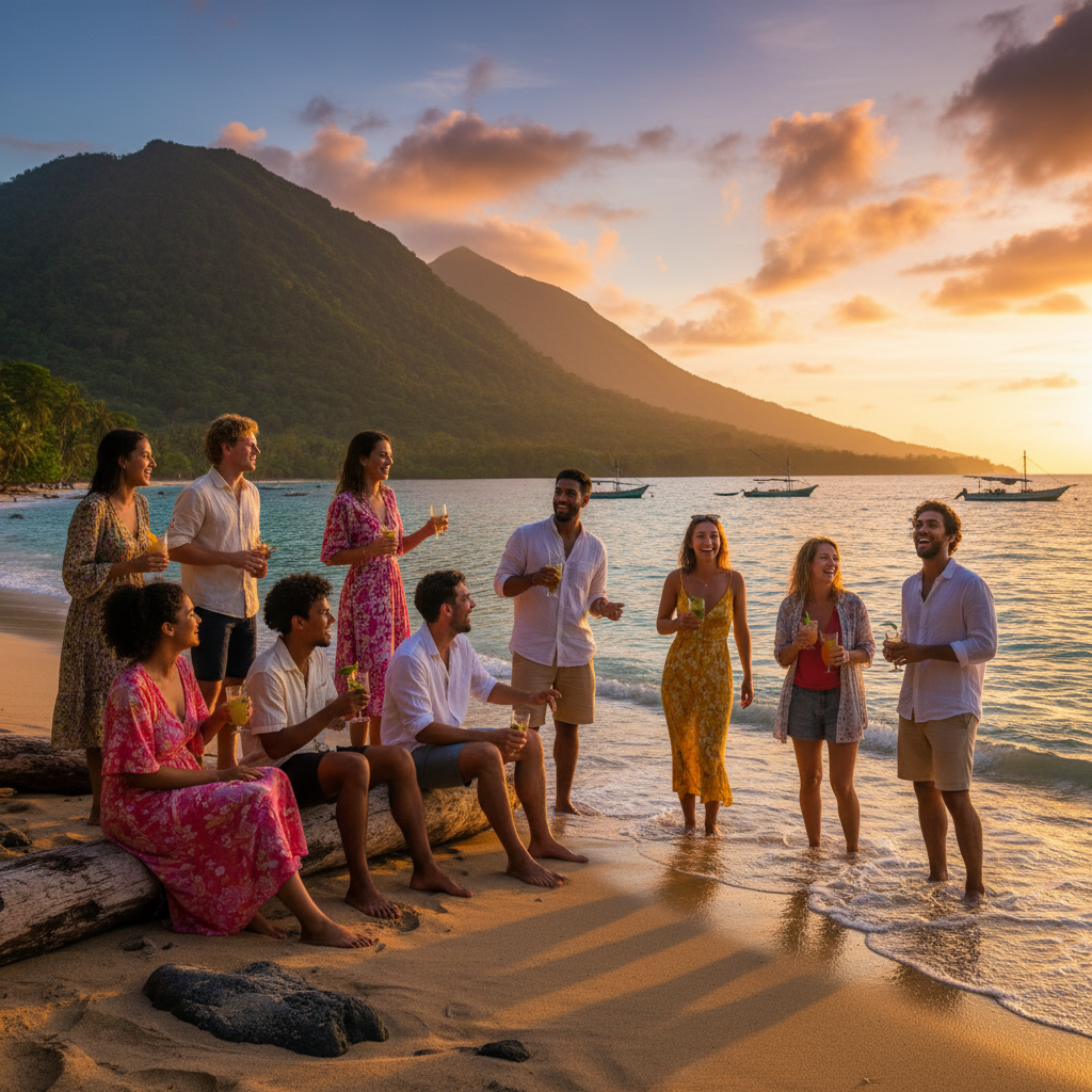 Group of diverse young people socializing in Comoros, horizontal
