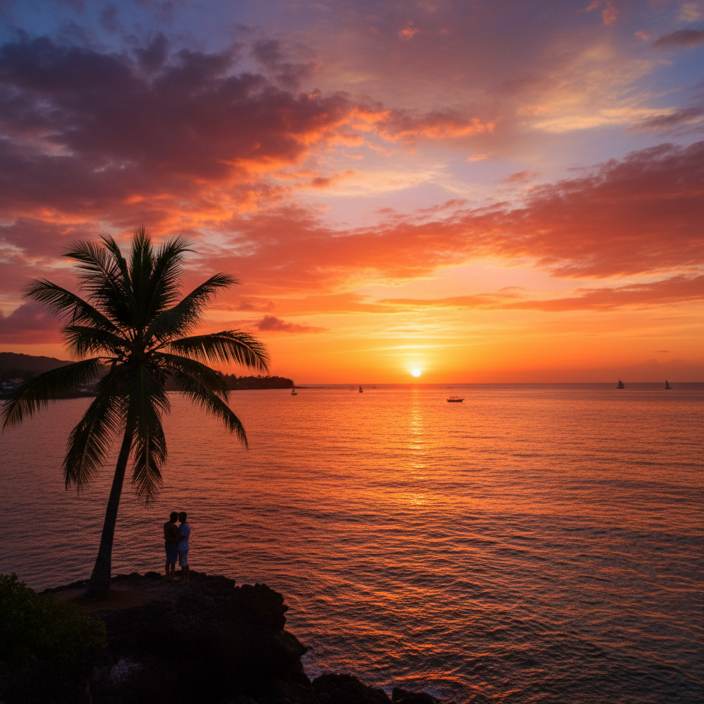 Romantic sunset view over the Indian Ocean from Fomboni, Comoros, horizontal