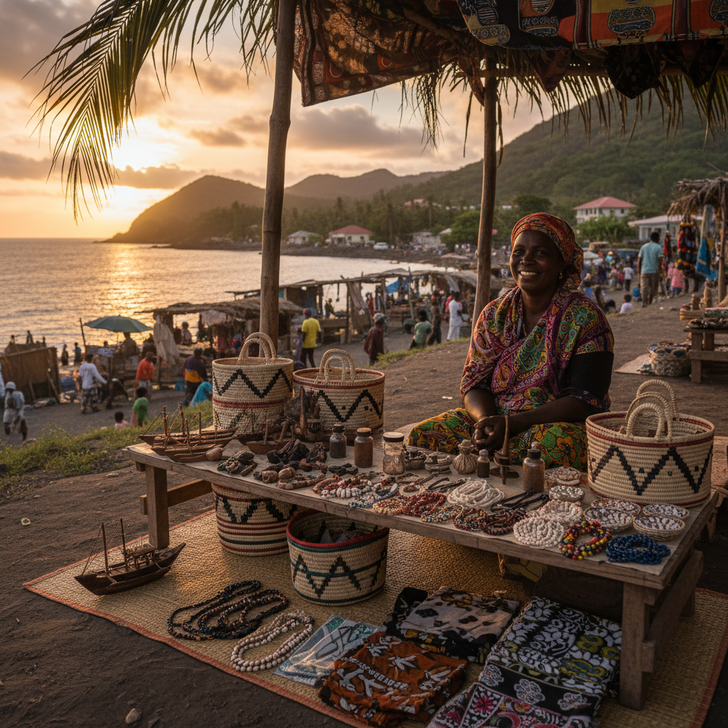 Local artisan selling crafts in Comoros, horizontal
