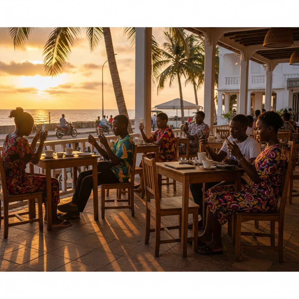 Young Comorians using smartphones in a cafe, horizontal