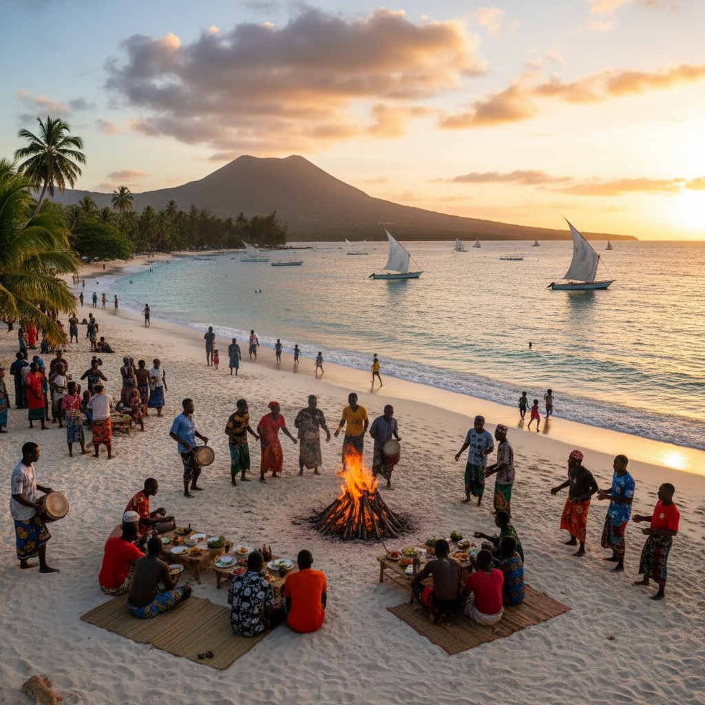 Beachfront gathering in Chomoni, Comoros, horizontal